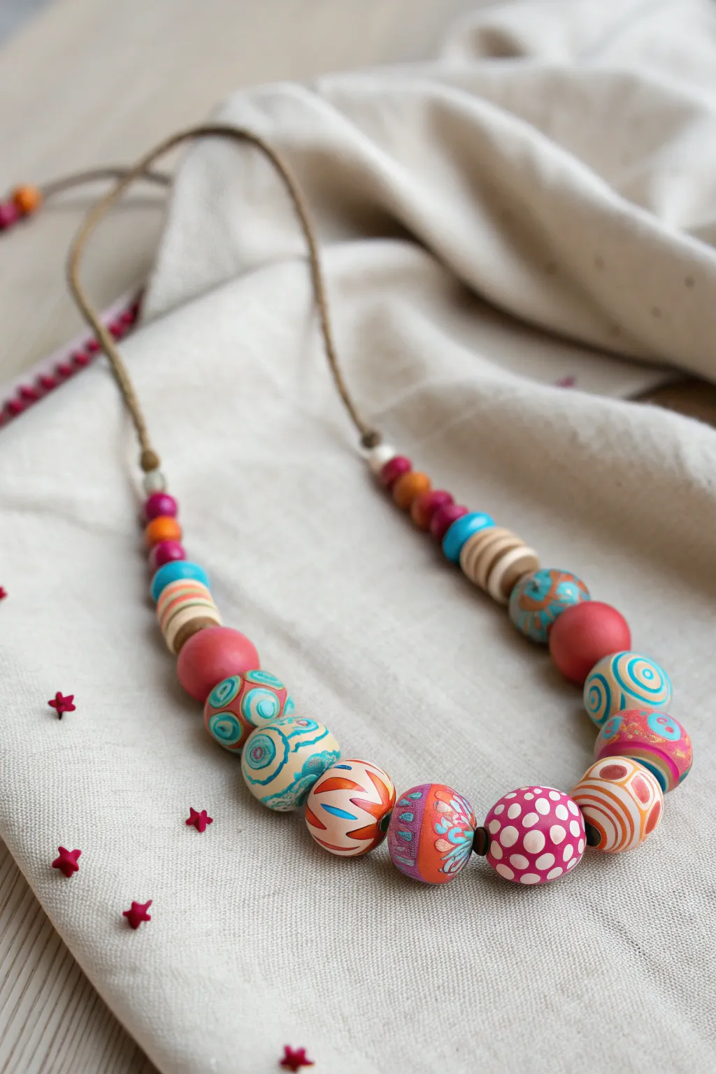 Psychedelic clay bead necklace with bold swirls on soft linen for a cozy minimalist boho mood