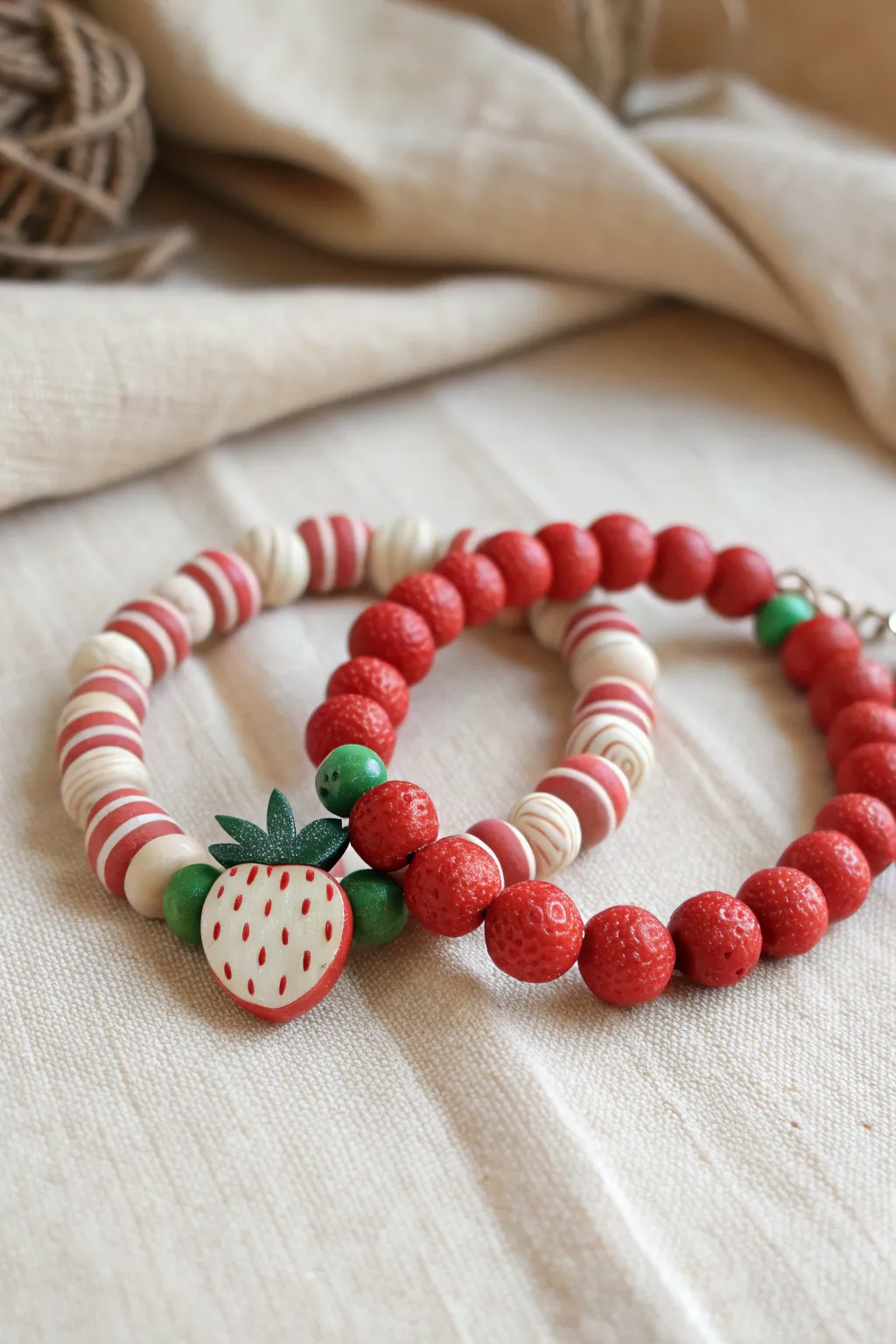 Mismatch strawberry bracelet set with bold red stripes and a cute berry focal, minimalist flat lay.