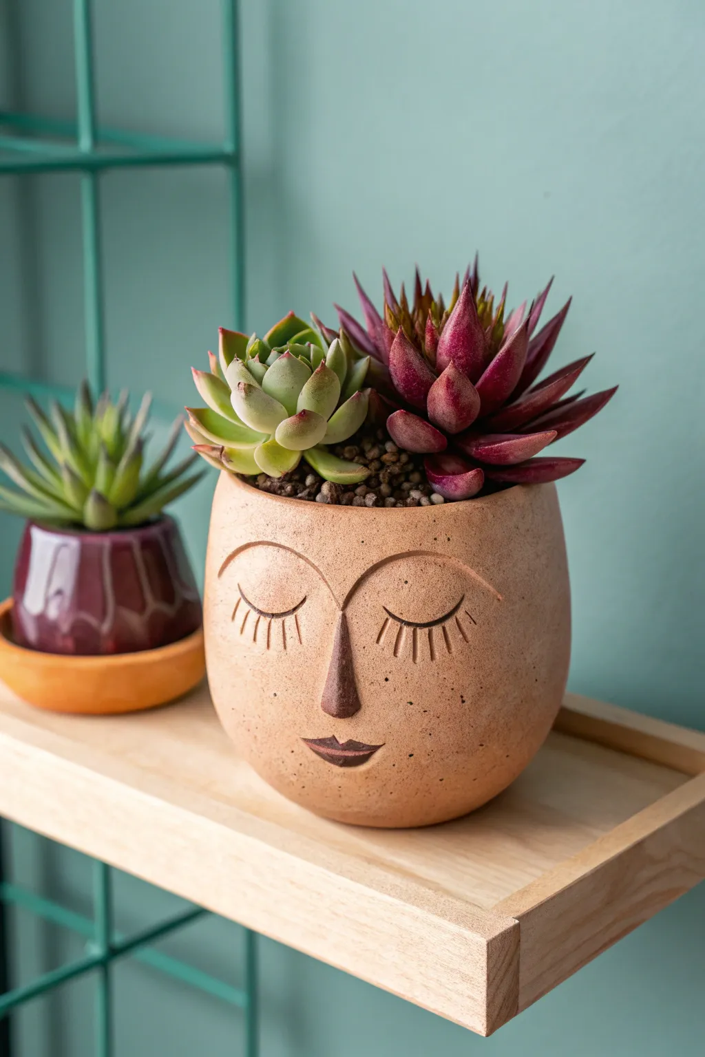Whimsical face planter with lush succulent hair, minimalist shelf styling in bold contrast