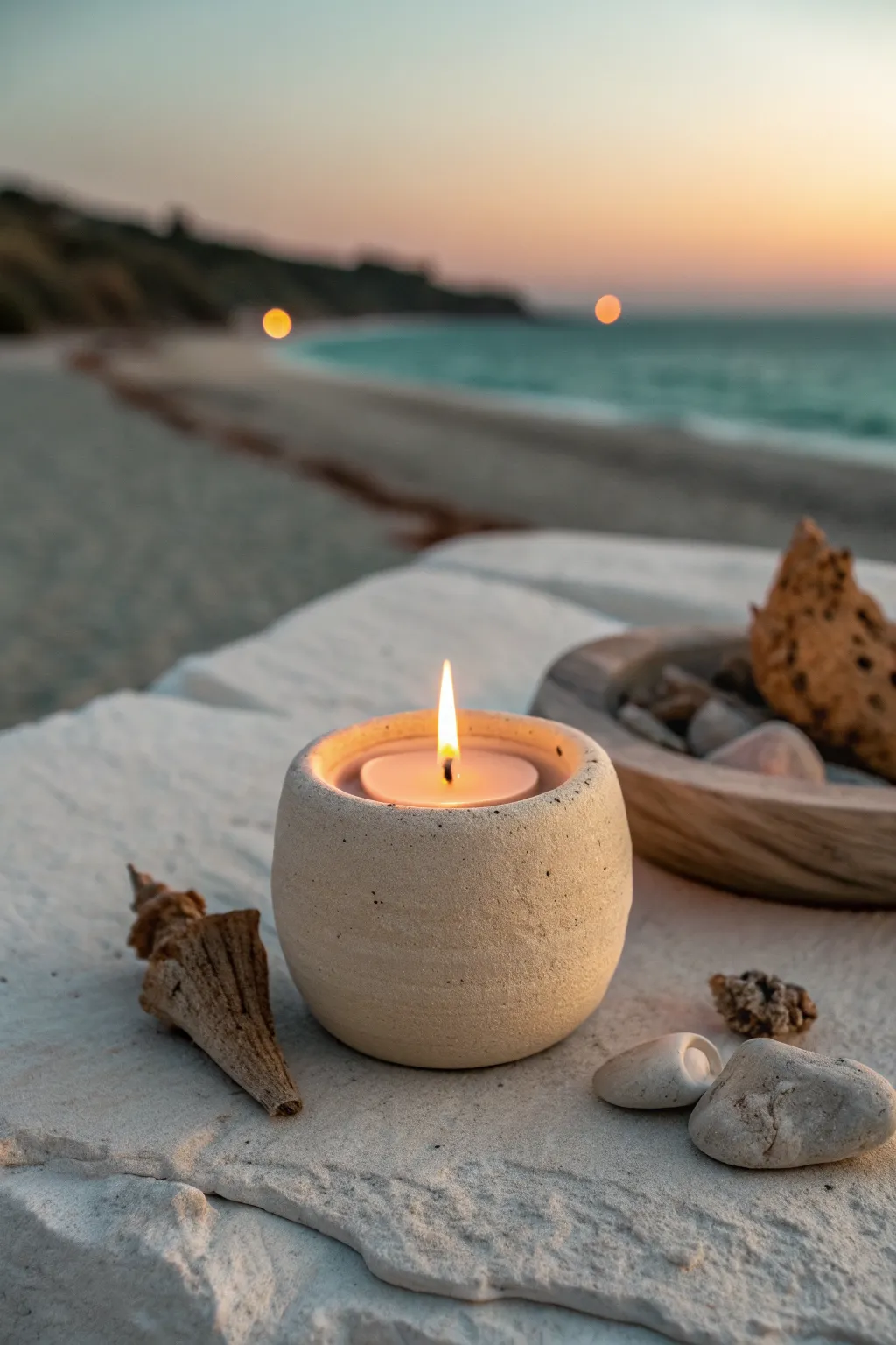 Sand-texture clay candle holder in warm beige, styled minimal with a beach-at-dusk glow