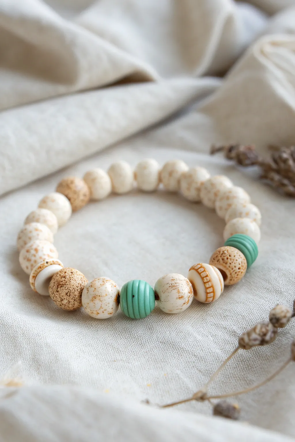 Shell-texture polymer clay disc bead bracelet in seafoam tones, styled on linen for summer vibes