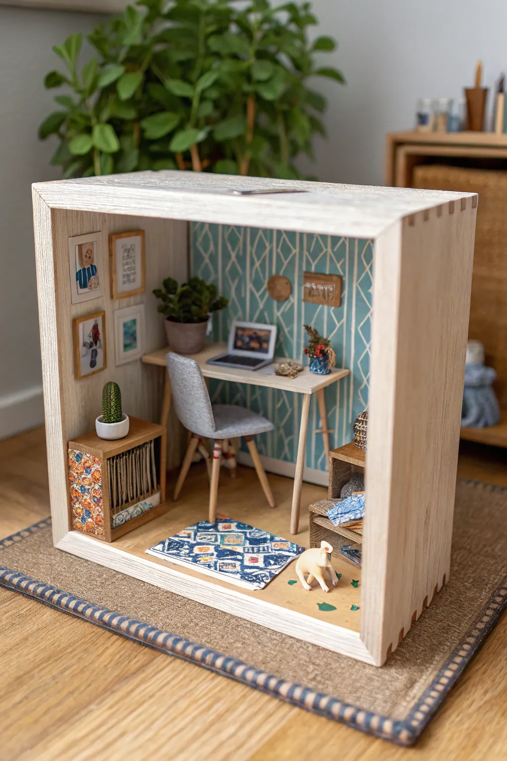 Tiny super clay room in a box: minimalist desk, chair and pet, bold color pops, cozy boho vibe.