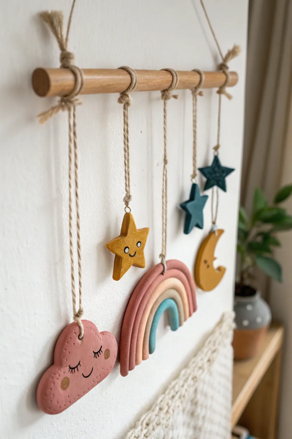Puffy super clay wall charms in bold pastels for a cozy Scandinavian-boho mini hanging look.