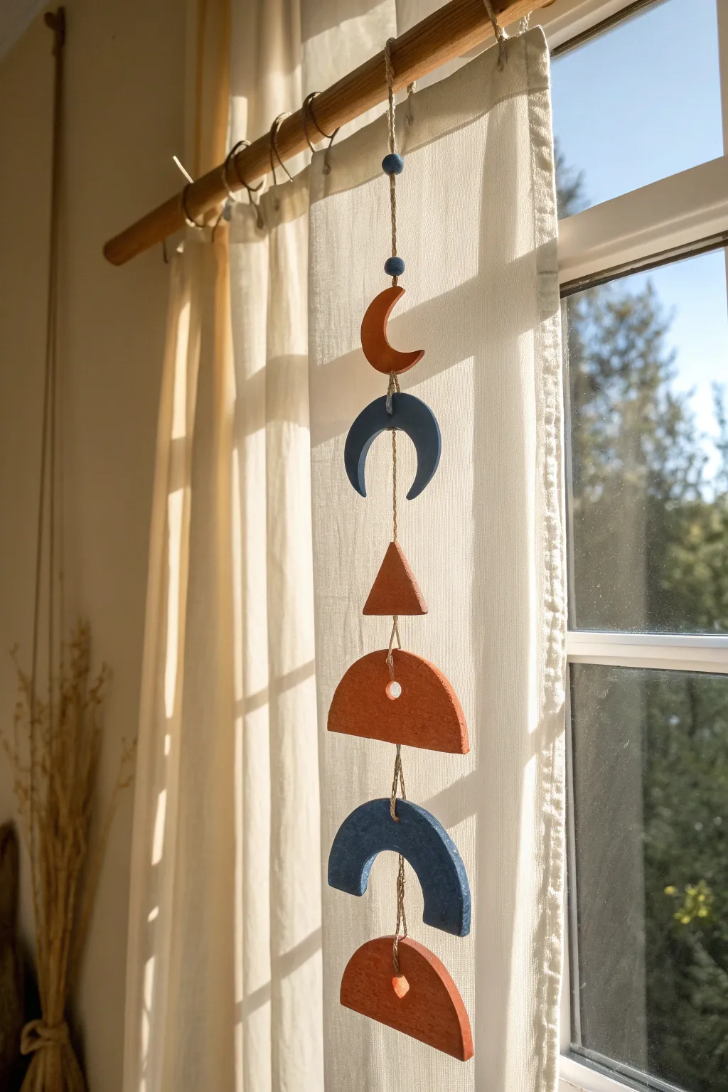 Easy clay suncatcher shapes in bold color, glowing by the window with crisp minimalist shadows