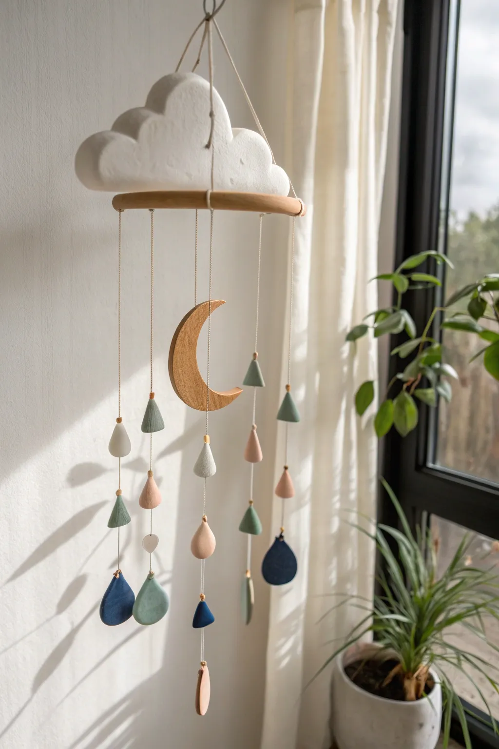 Airy super light clay cloud mobile with moon and raindrops, minimalist boho nursery decor.