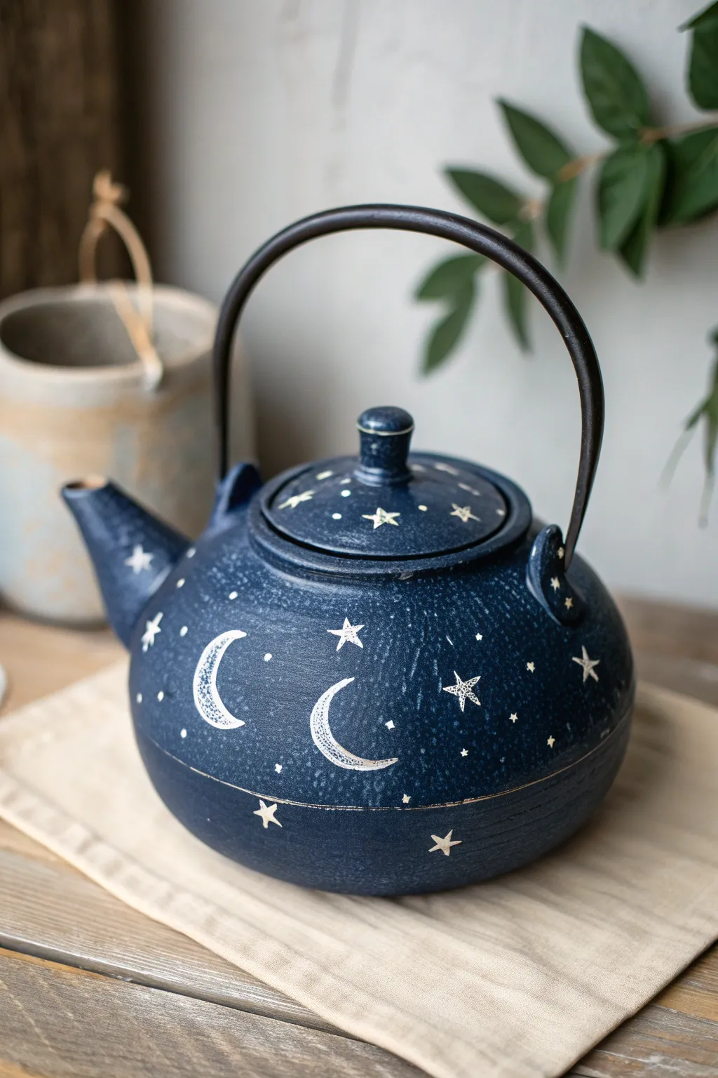 Midnight teapot with simple constellations and crescent moons for a moody, minimal glow.