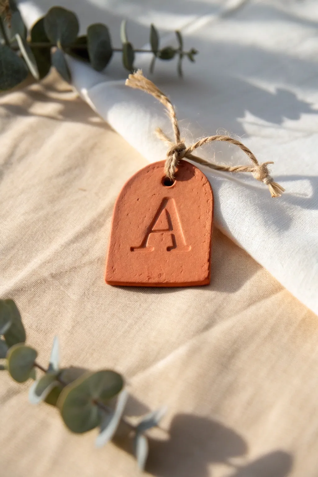 Stamped terracotta letter tag with twine on cream linen, minimalist Scandinavian boho contrast.
