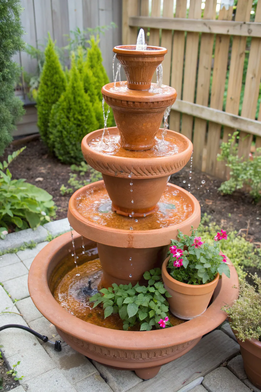 Stacked terracotta pot fountain look for a flower bed, warm clay tones with a gentle water trickle.