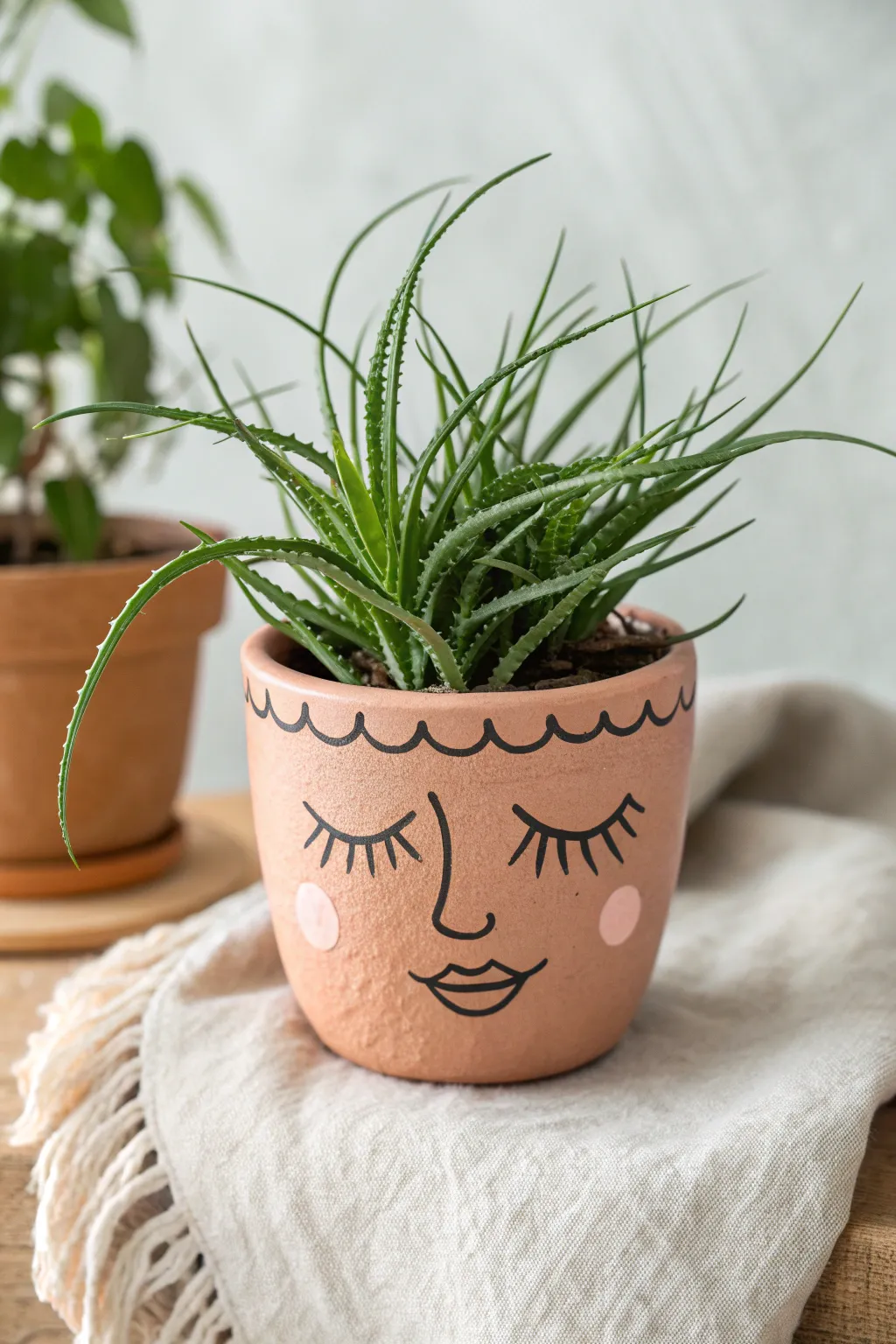 DIY terracotta face planter with spiky green hair, minimalist boho decor for bright shelves