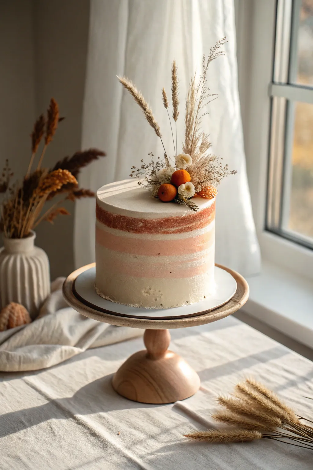 Minimal terracotta wedding cake with creamy texture and a soft dried floral topper