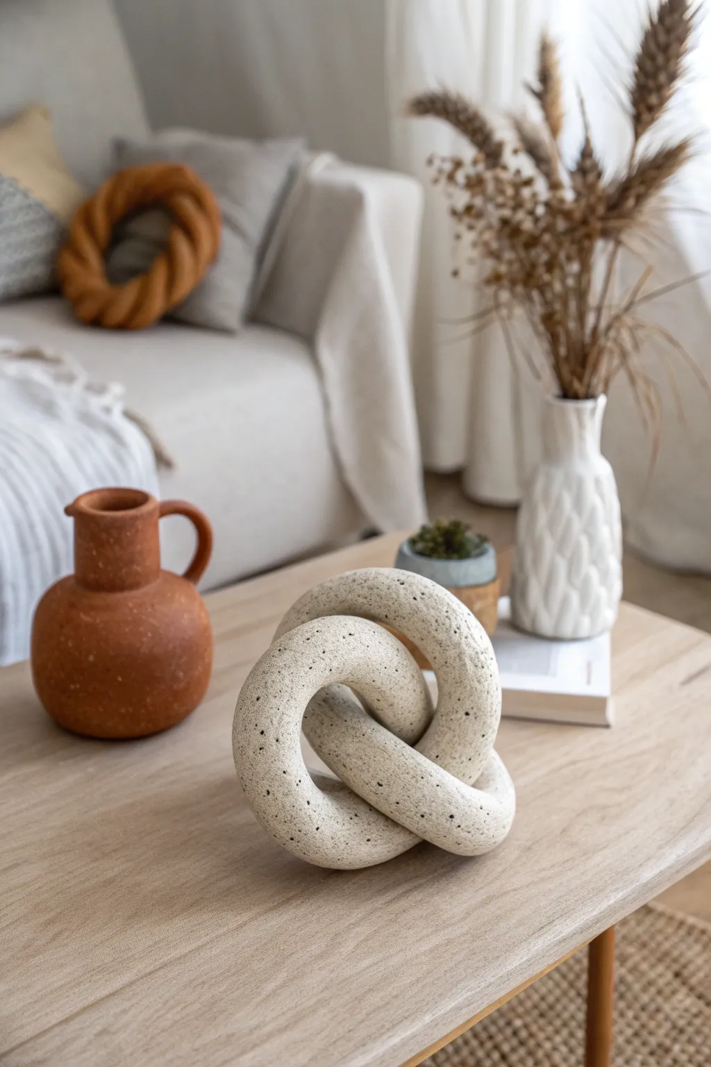 Minimal clay knot sculpture in stone finish, airy Scandi styling with a bold terracotta accent.
