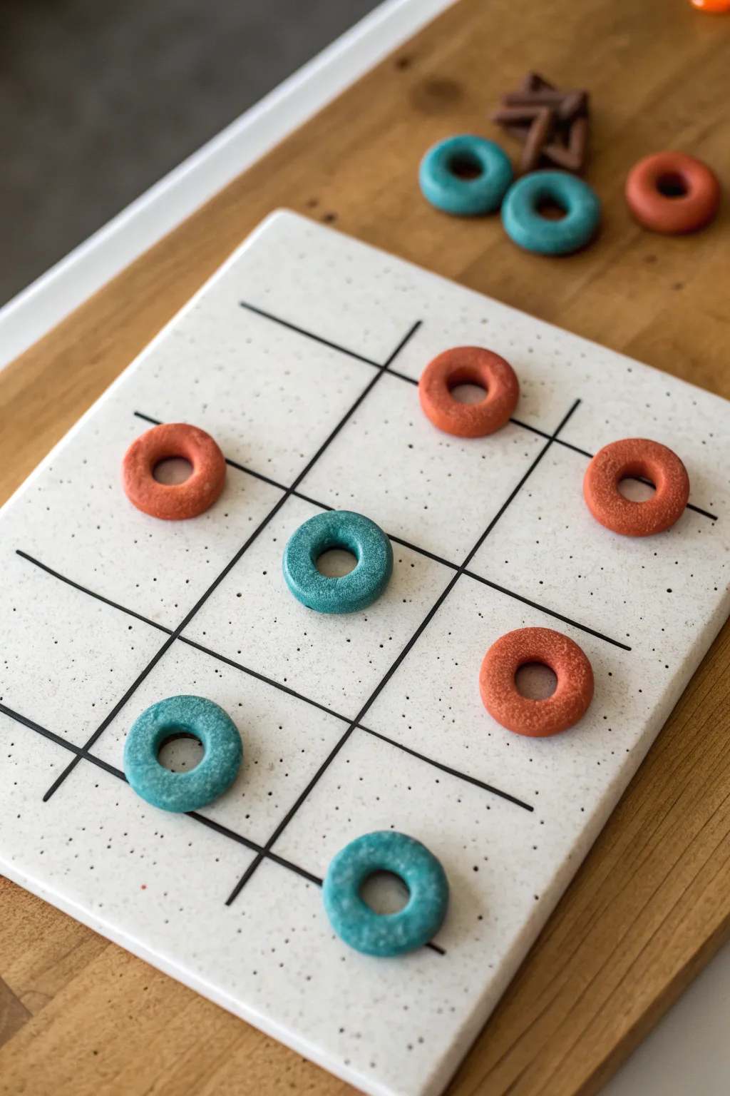 Minimalist magnetic clay tic tac toe board in bold colors, perfect for a stylish fridge game.