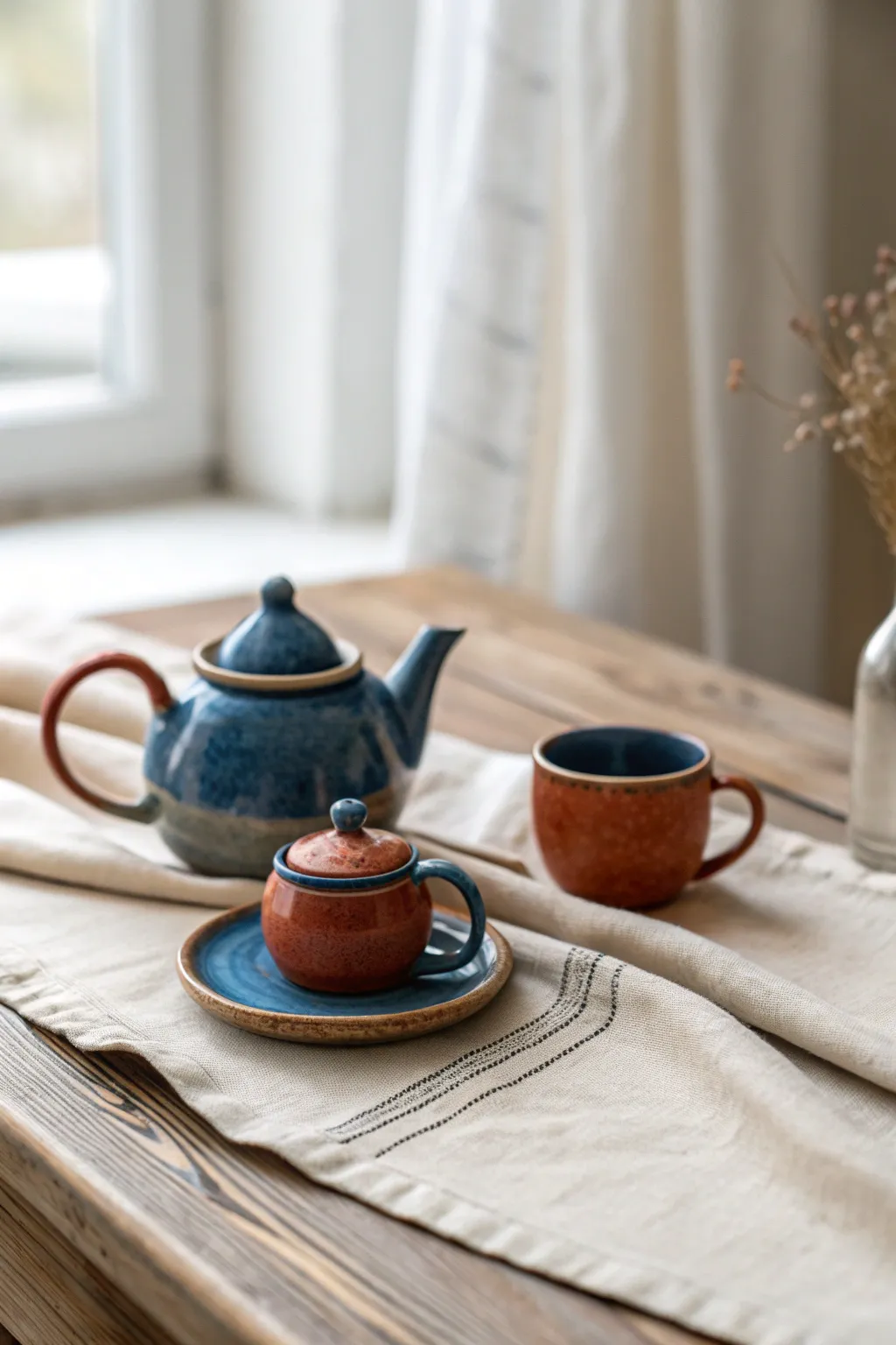 Mini polymer clay teapot with tiny cup and saucer, a dollhouse tea moment in soft light