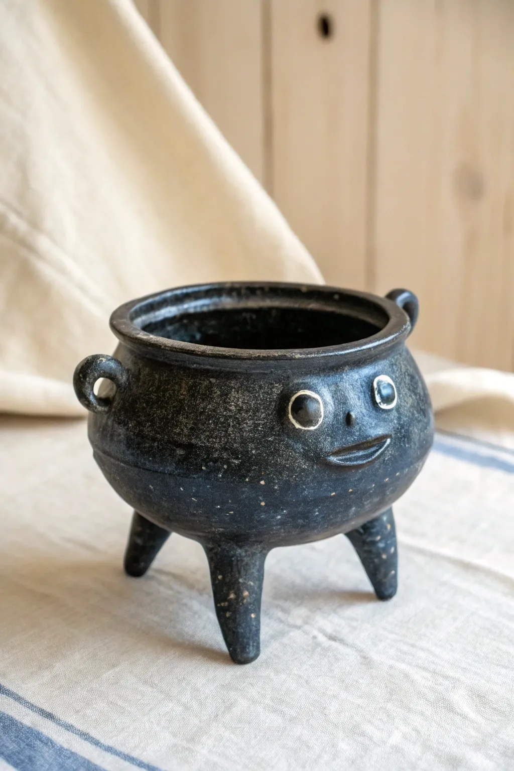 A speckled charcoal tripod cauldron with bent legs, minimalist styling and a playful attitude.