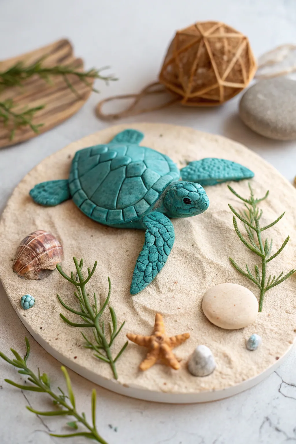 Minimal clay sea turtle ocean scene with tiny seaweed and shell friends in bold coastal colors