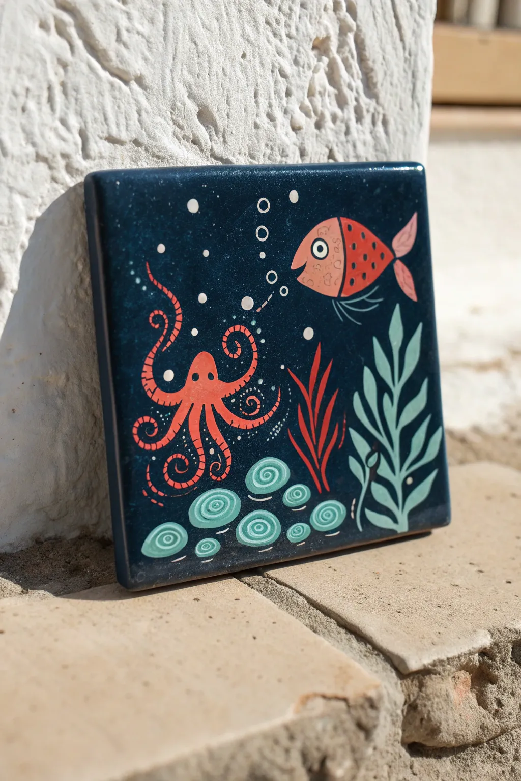 Deep-sea clay tile with midnight glaze, bright fish and squid, and sparkling bubble dots