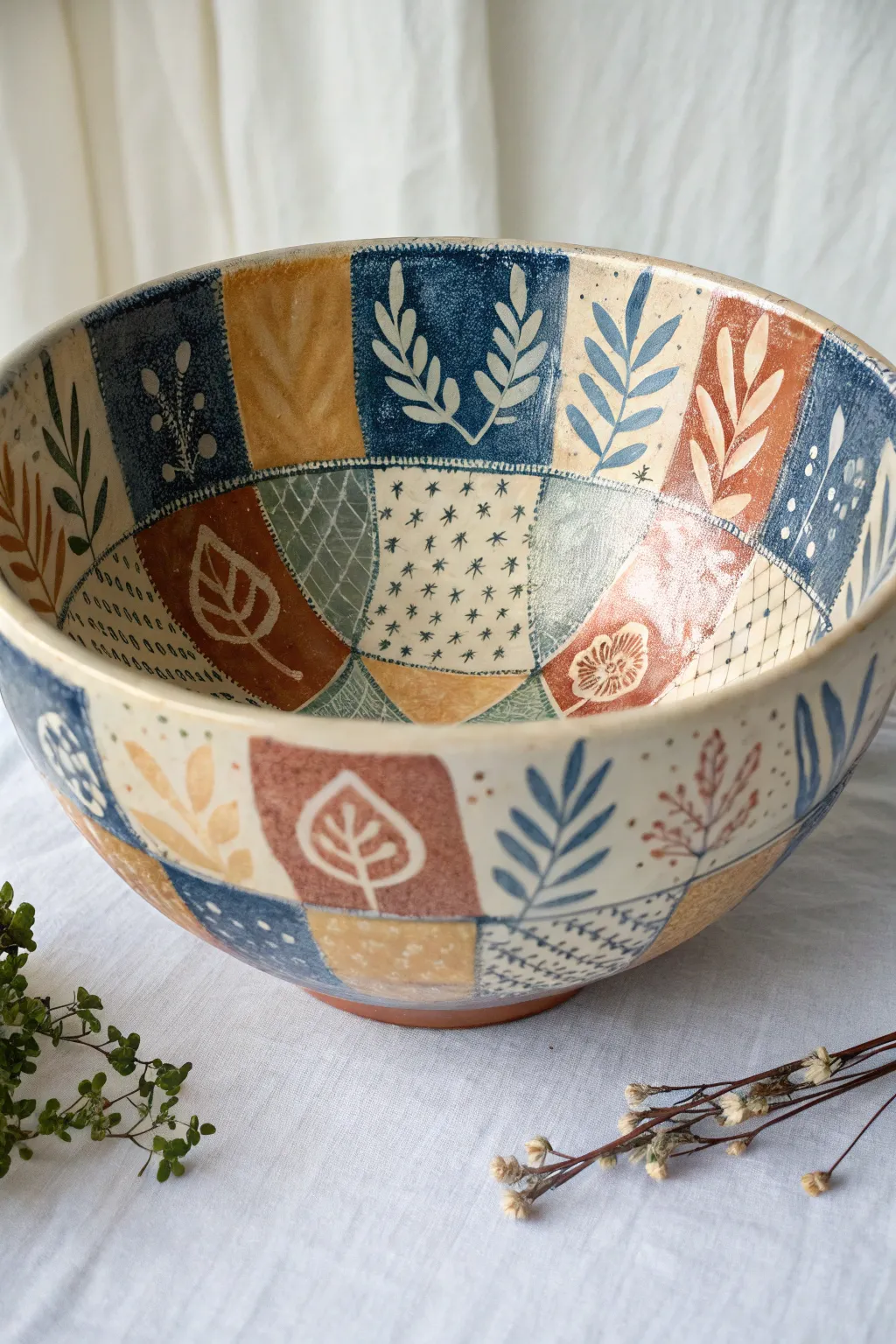 Patchwork underglaze transfers meet glossy clear glaze in a bold, modern bowl for your next firing.