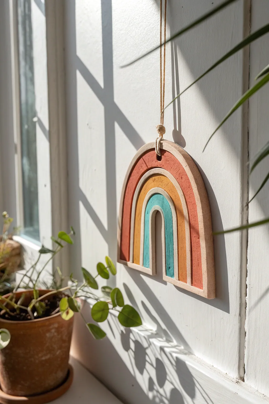 Minimal air dry clay cutout suncatcher glowing with bold color in a bright Scandinavian window