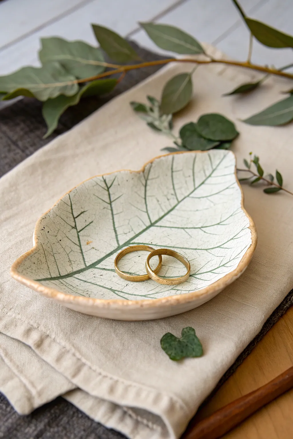 Botanical imprint leaf dish with soft color wash, perfect for holding rings and tiny treasures