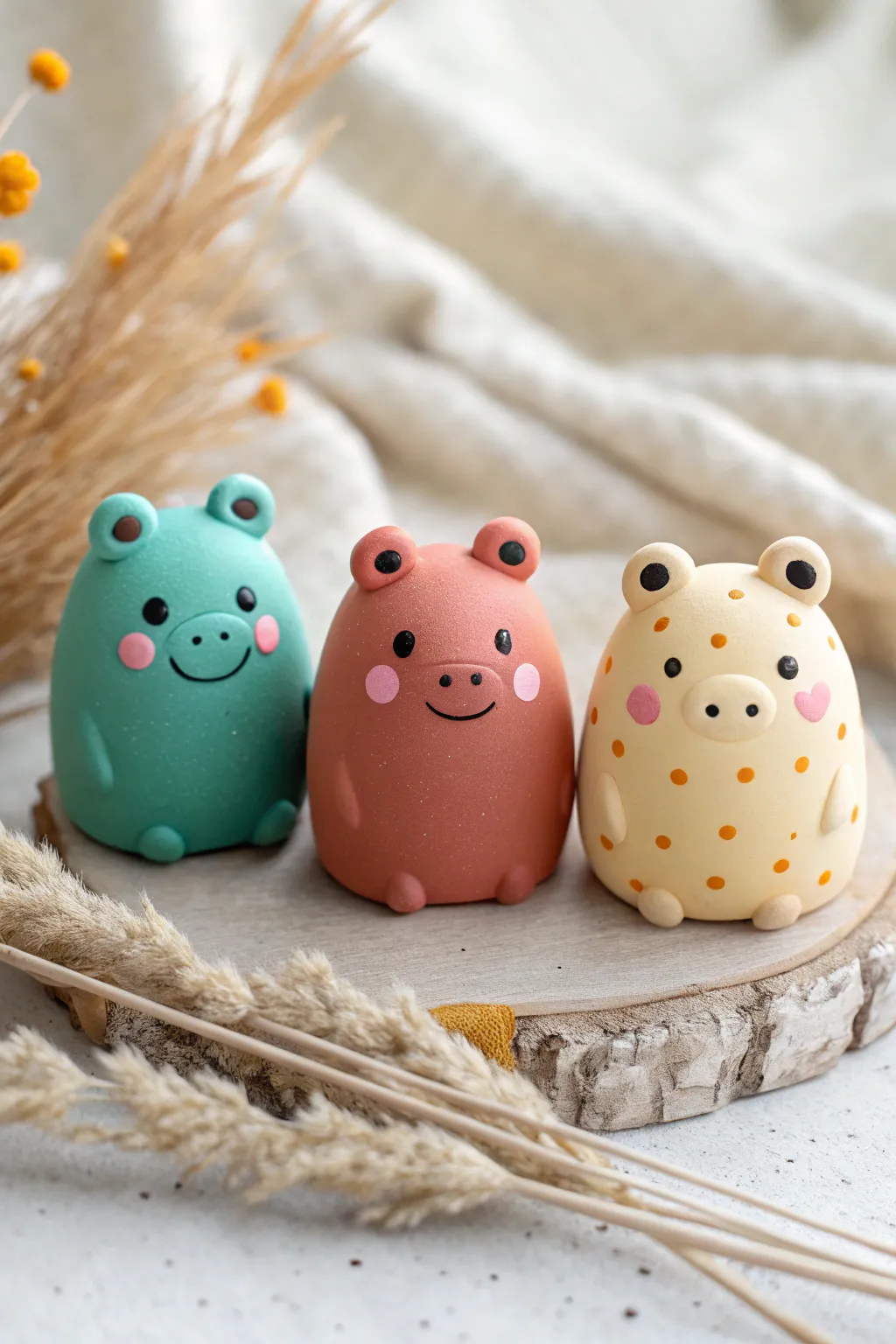 Plush style polymer clay mini critters in bold colors, a minimalist boho collectible set