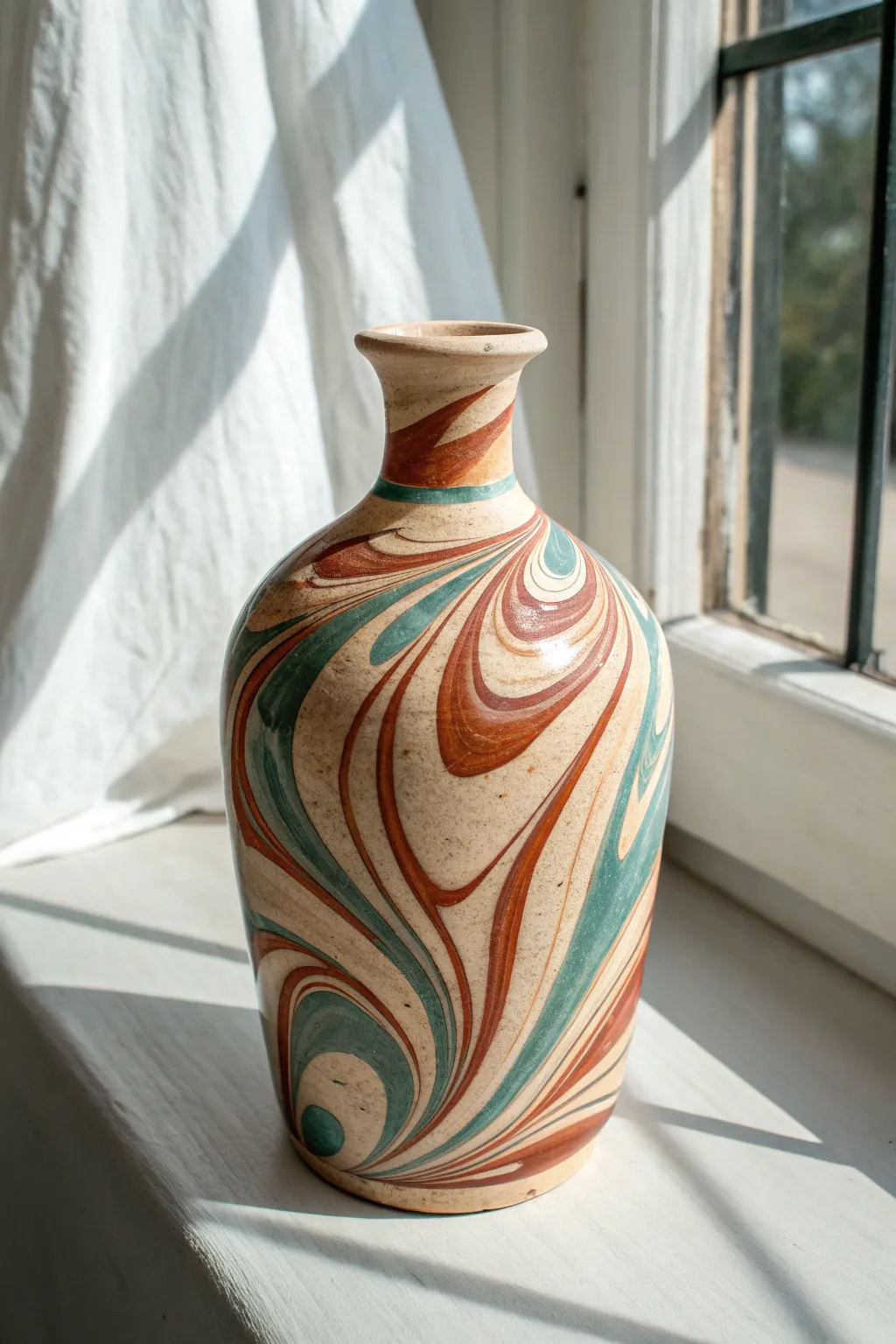 Marbled clay vase with natural swirl patterns, minimal styling, bold colors in soft daylight.