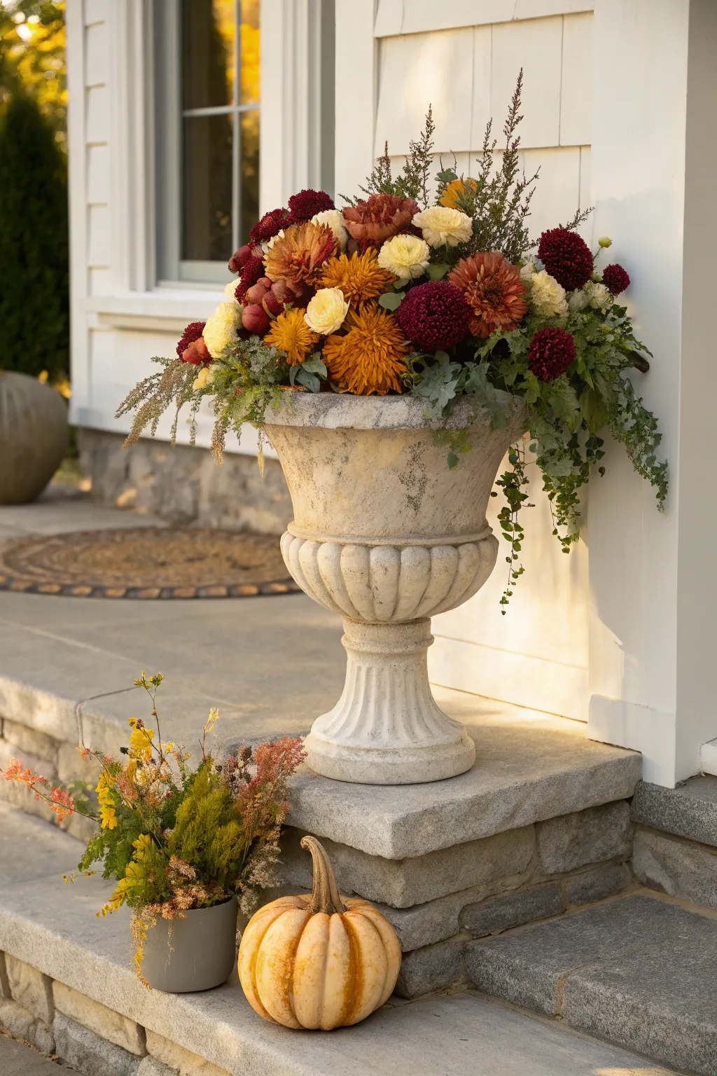 Fall urn planter idea with lush mums, trailing greens, and mini gourds in warm porch light.