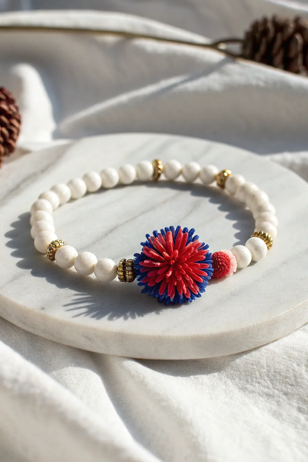 Firework burst focal bead bracelet with crisp red, white, and blue on a calm minimalist backdrop