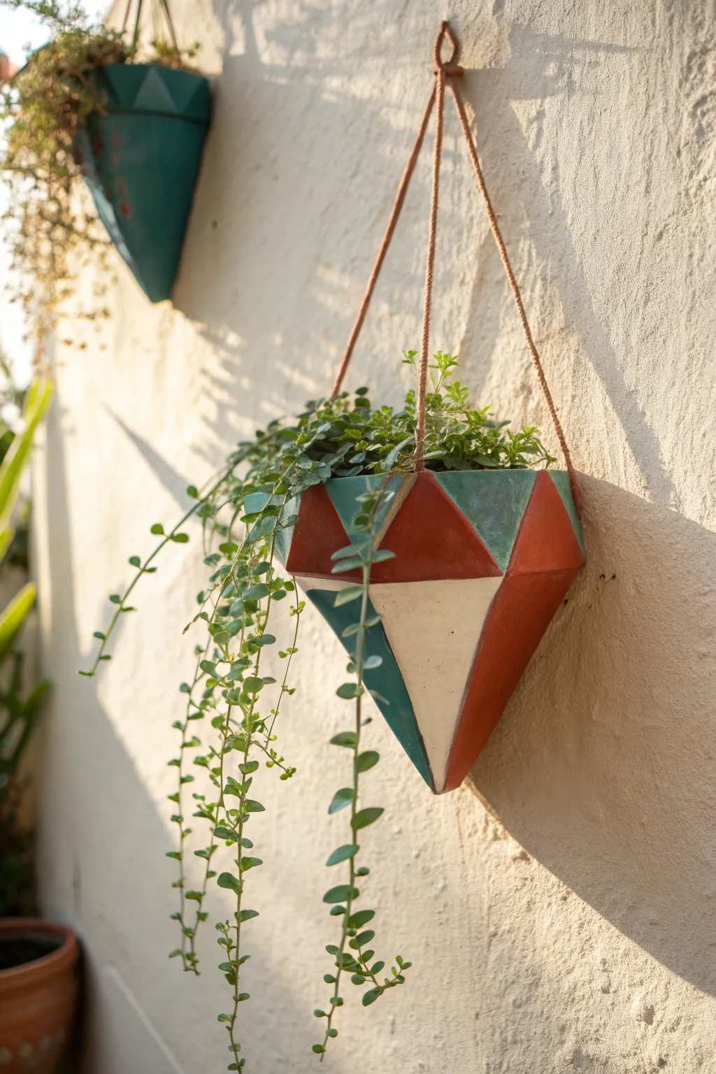 Minimal clay wall pocket planter with trailing greenery, perfect vertical storage and style.