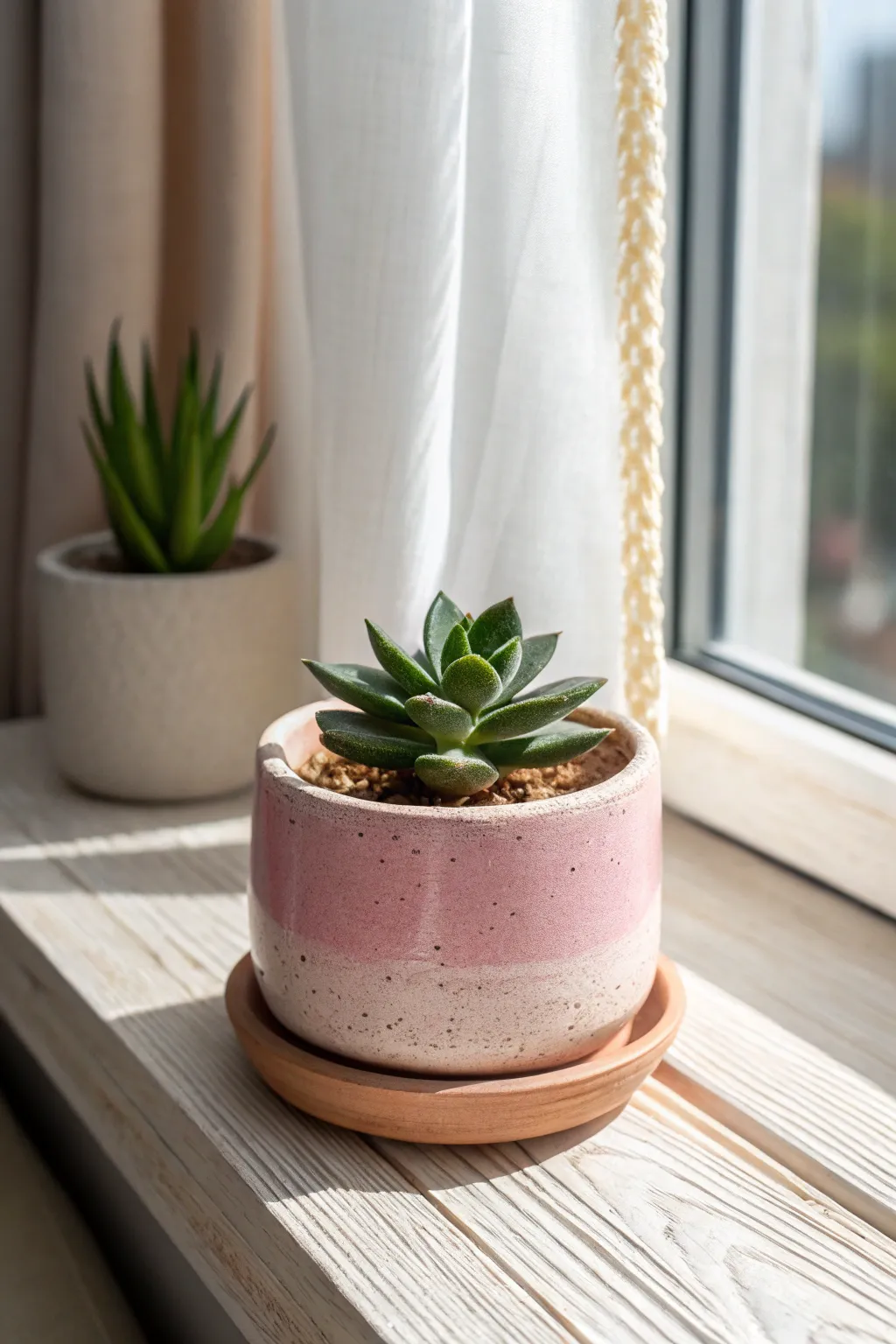 Petite handmade clay planter with bold matte glaze, perfect for succulents on a sunny sill.