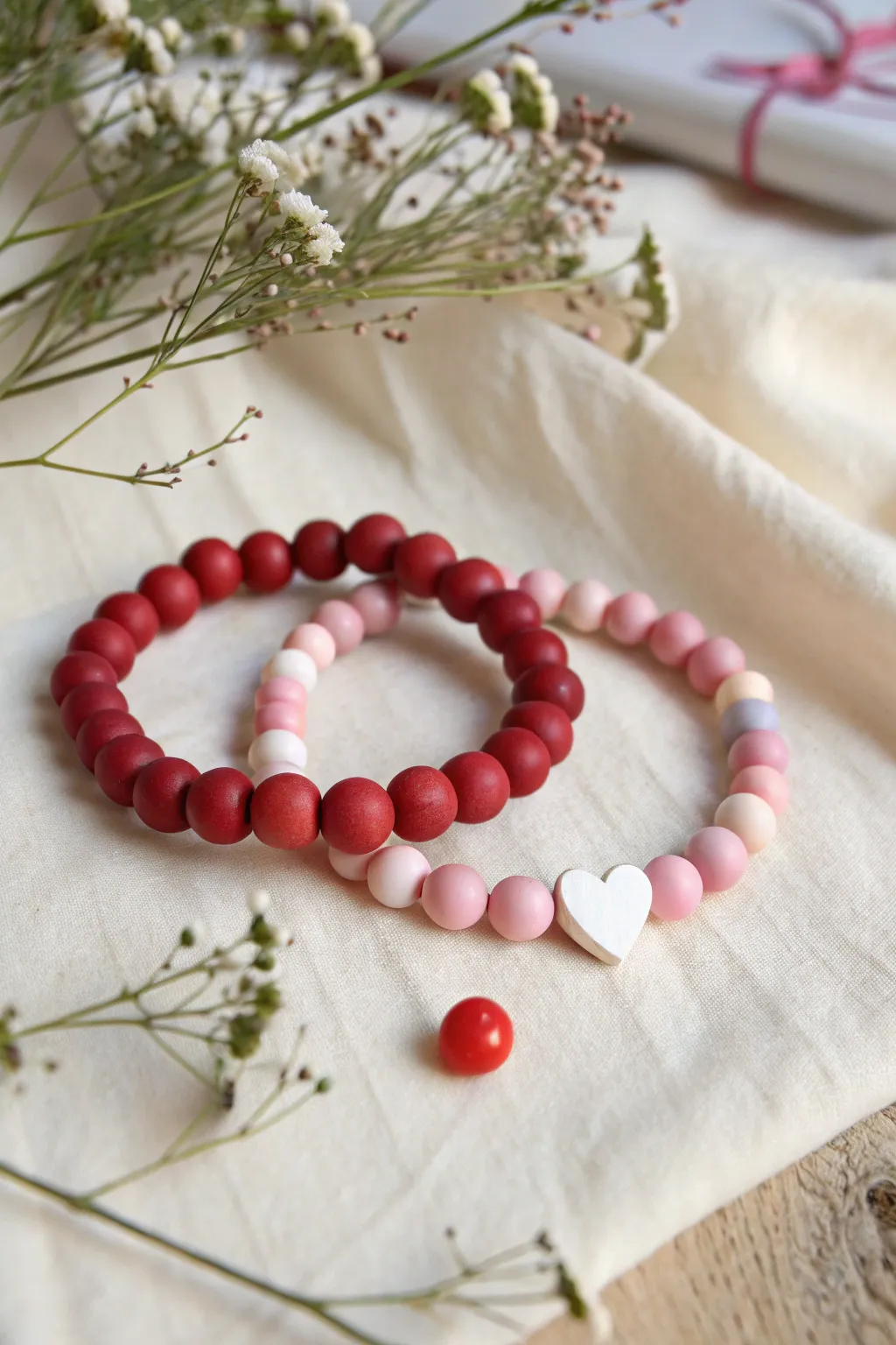 Half-and-half Valentine bestie set: red and blush bracelets with swapped heart beads