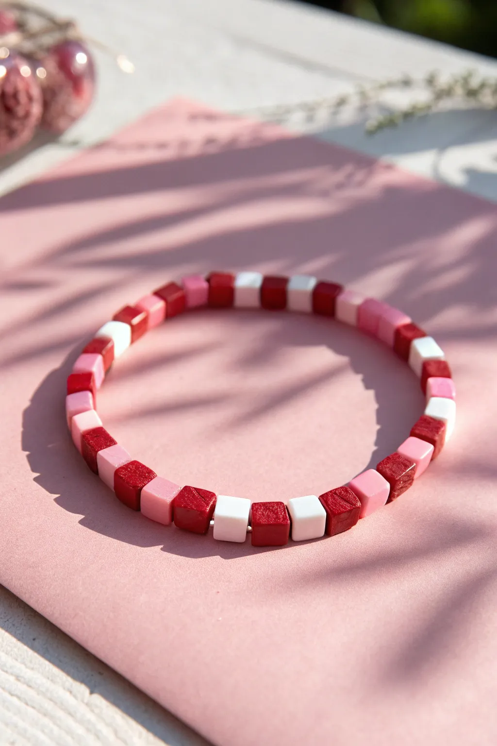 Sweetheart checker clay bracelet in red, pink, and white, styled as a minimalist flat lay.