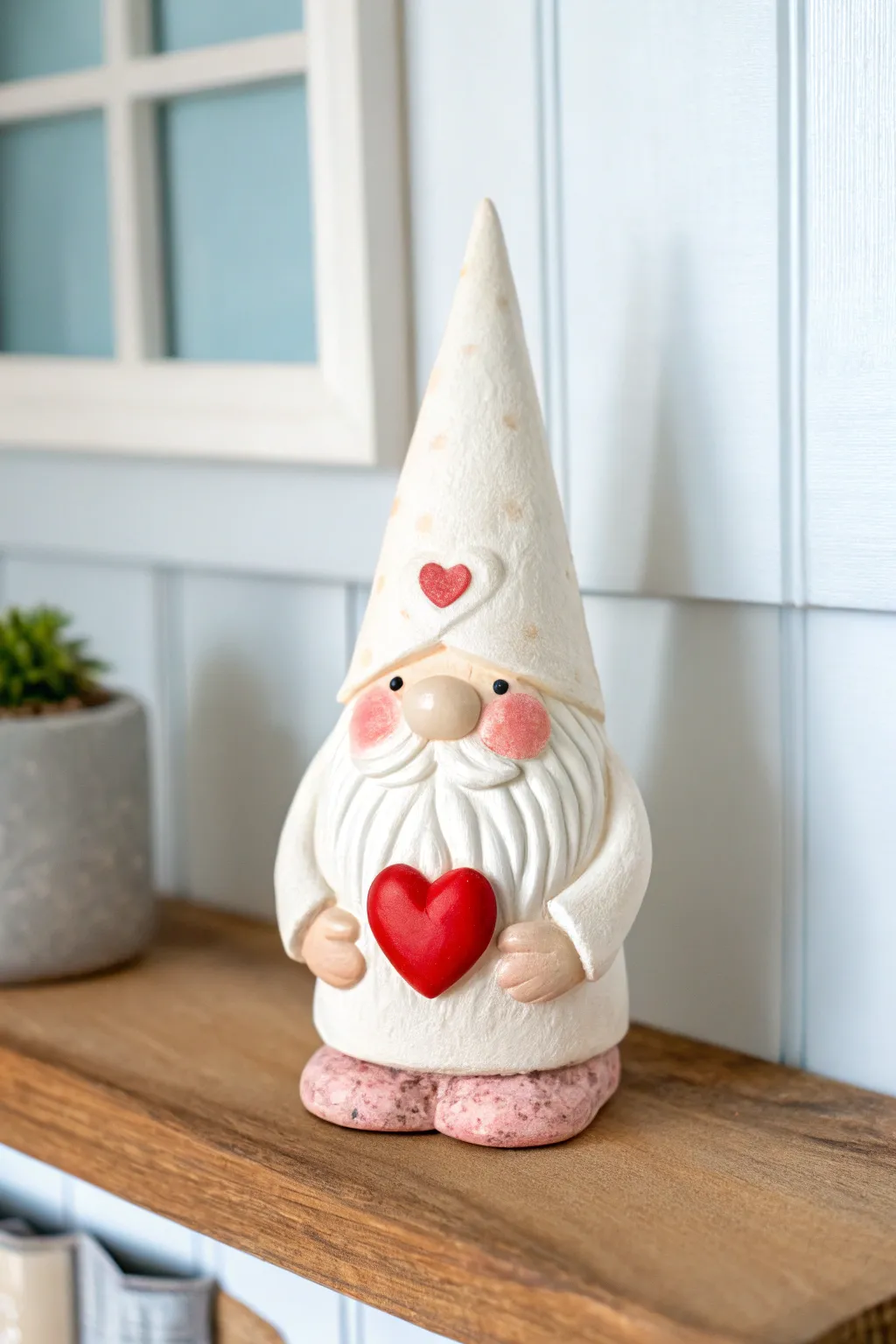 Tiny air dry clay Valentine gnome with a bold red heart, simple, sweet, and handmade-ready.