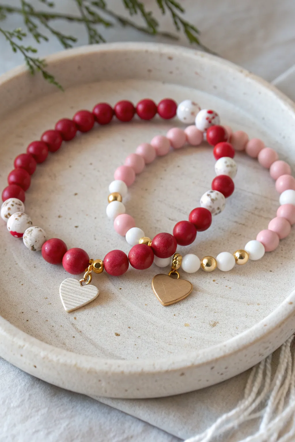 Galentine matching clay bracelets in red, pink, and white, minimalist, sweet, and gift-ready