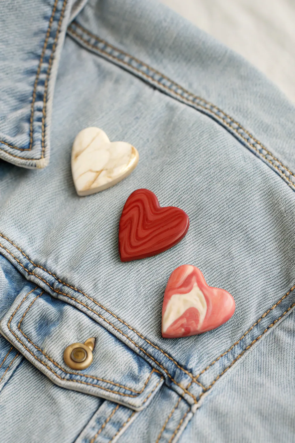 Minimalist polymer clay heart pins in matte, marbled, and speckled finishes on denim.