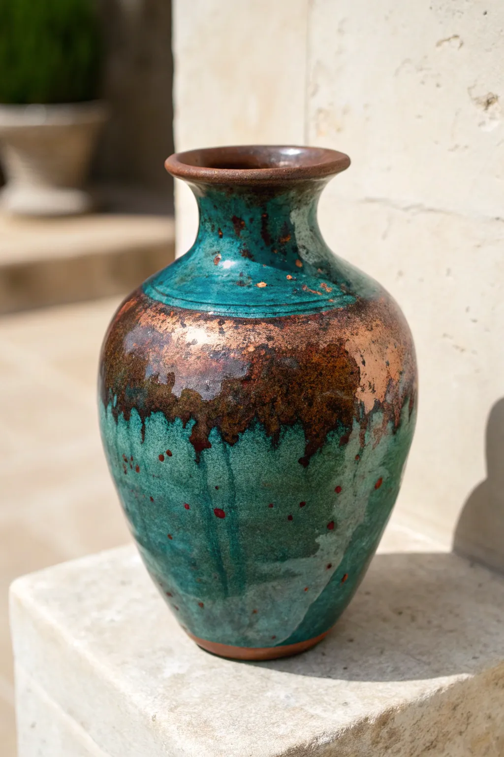 Patina metallic glaze idea: deep teal and oxidized green with warm brown edges and soft shimmer.