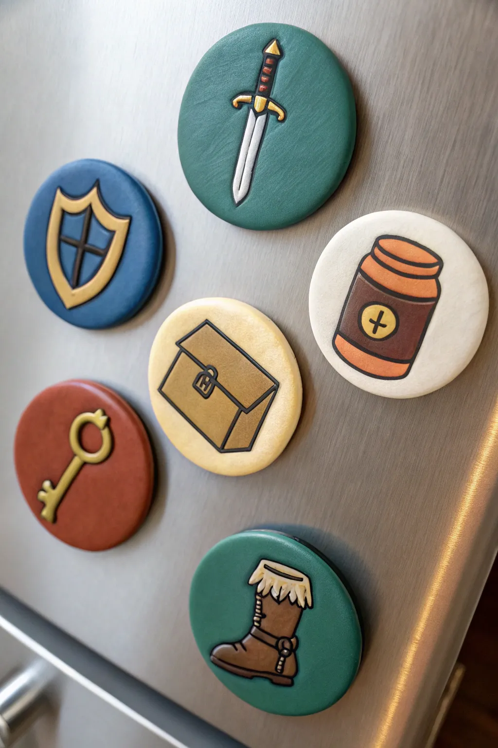 RPG inventory icon magnet set in bold matte colors, perfect beginner-friendly clay project.