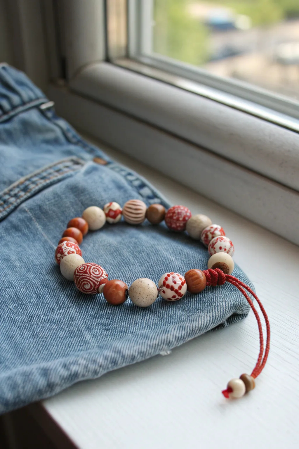 Bandana-inspired red and white clay bead bracelet on denim, western boho minimal style.