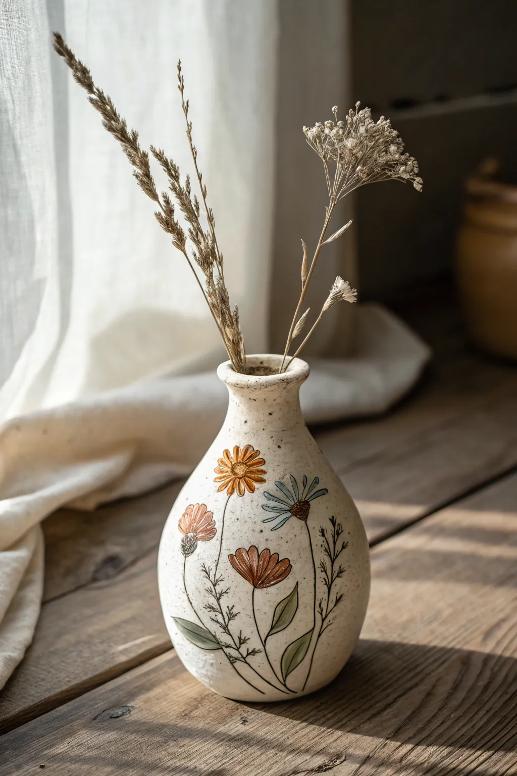 Prairie wildflower bud vase in dusty western hues, minimal shape, rustic dried stem accent