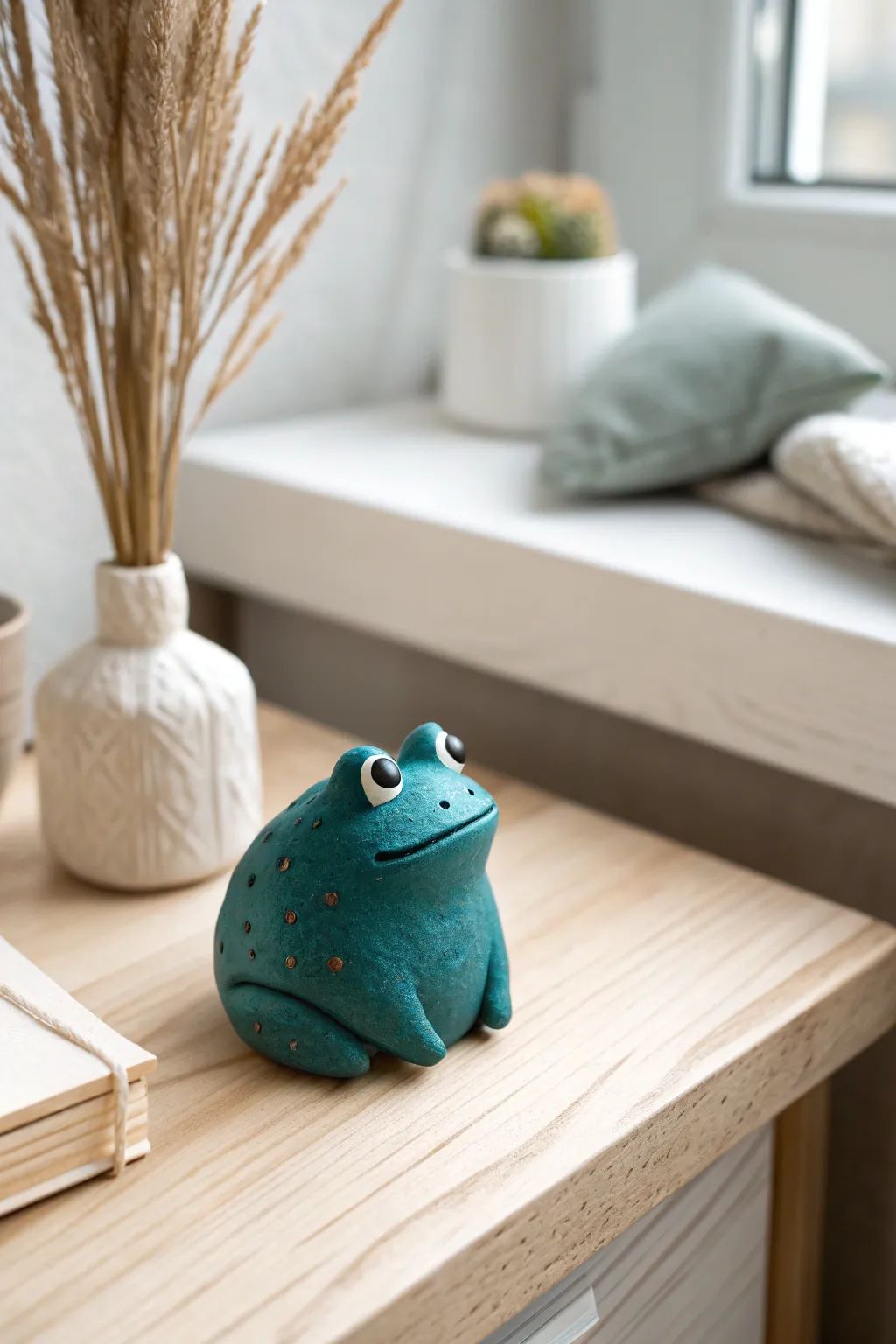 Tiny clay frog desk buddy in bold glaze, a sweet minimalist companion for your workspace.