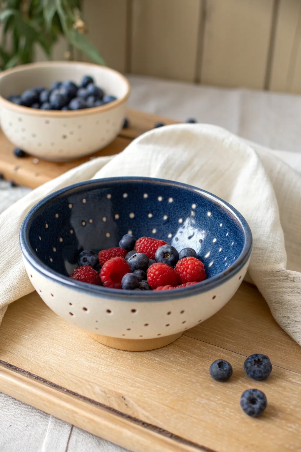 Wheel-thrown berry colander bowl with even perforations and catch plate, Nordic boho styling