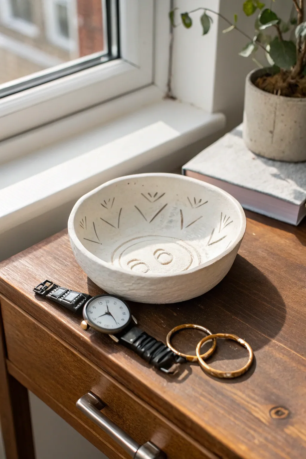 Minimal line-face catchall bowl in white air dry clay, perfect for rings and a watch.