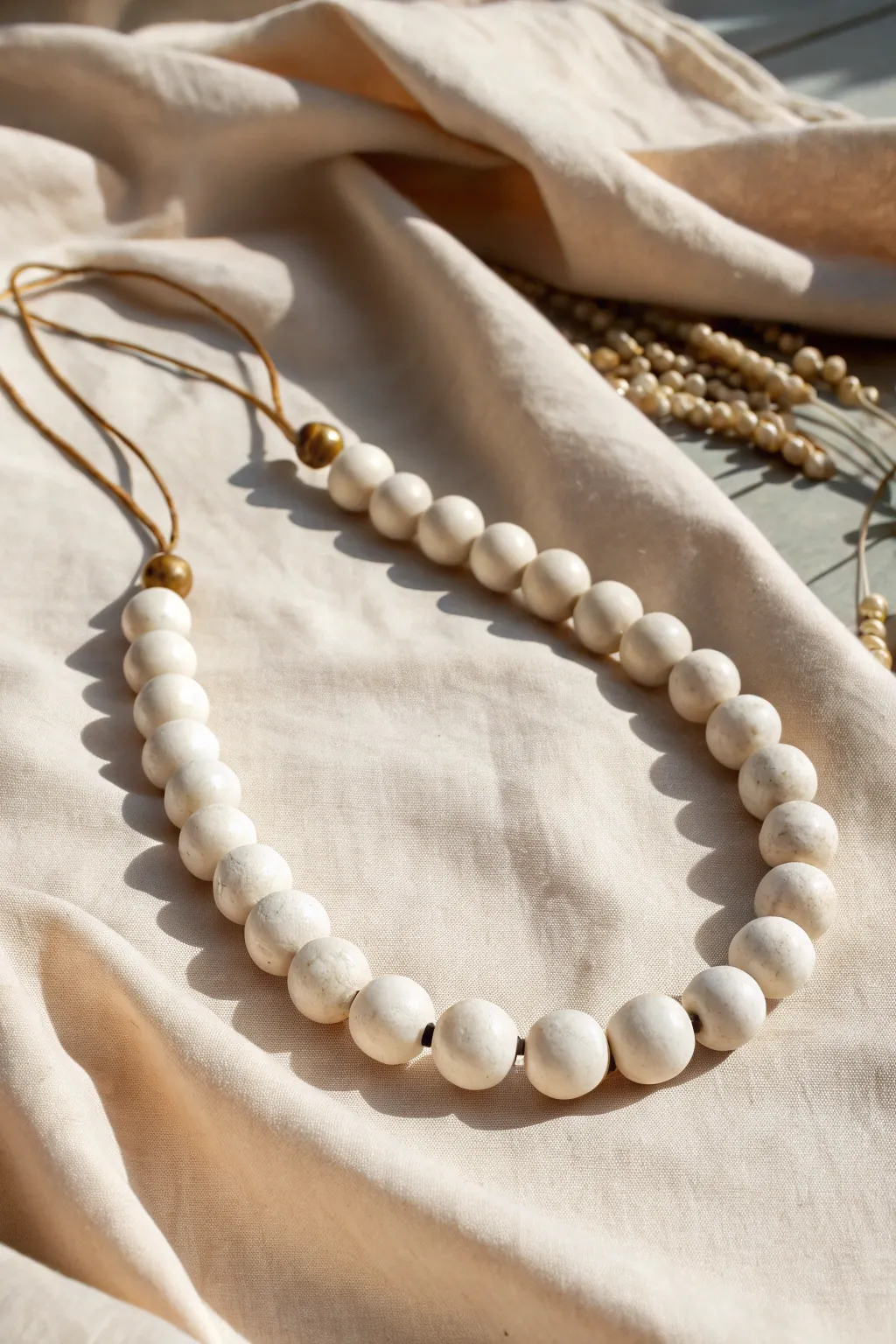 Minimal white clay bead necklace on linen, a simple boho touch with clean Scandinavian calm