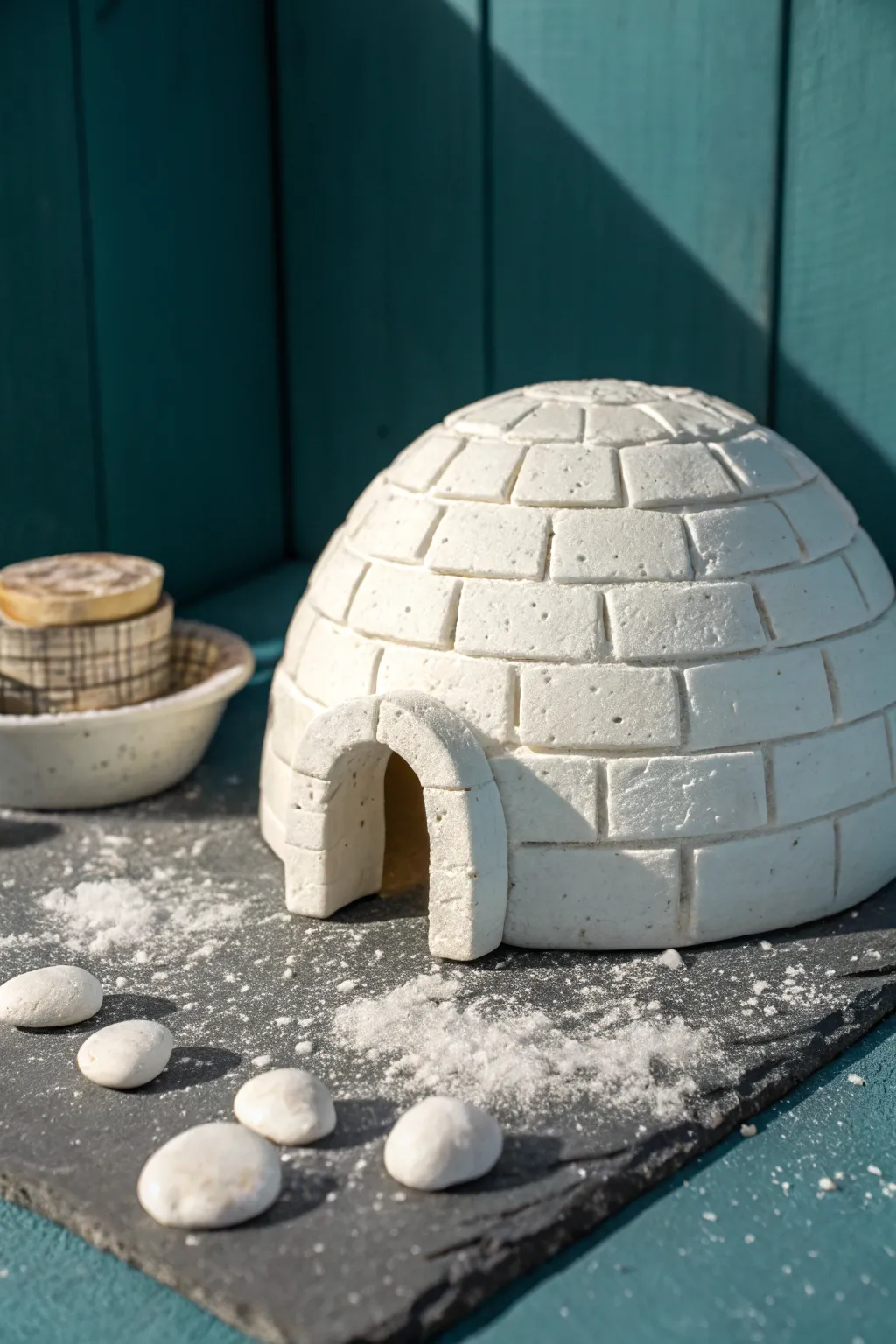 Mini clay igloo desk buddy on cool blue backdrop, crisp texture and snowy pebbles for winter charm.