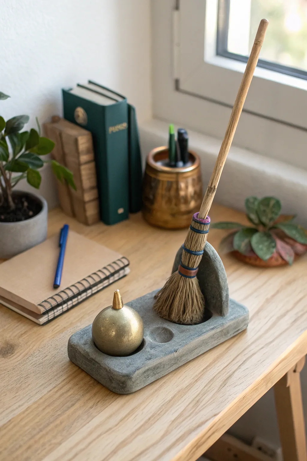 Mini wizard desk set: air dry clay broom and golden magic ball in minimalist boho style.
