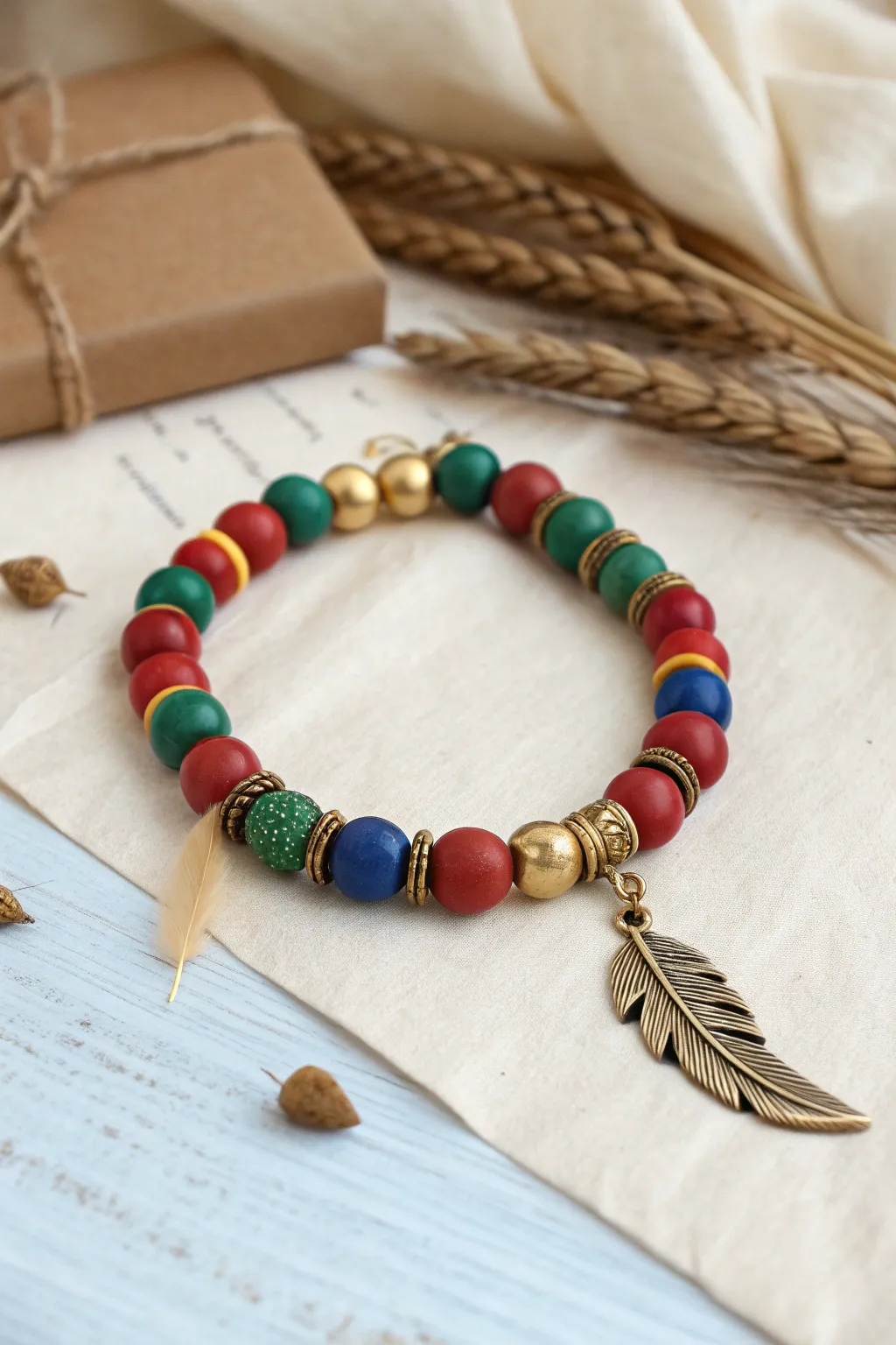 Owl-post inspired clay bead bracelet with feather charm and bold house colors, minimalist boho.