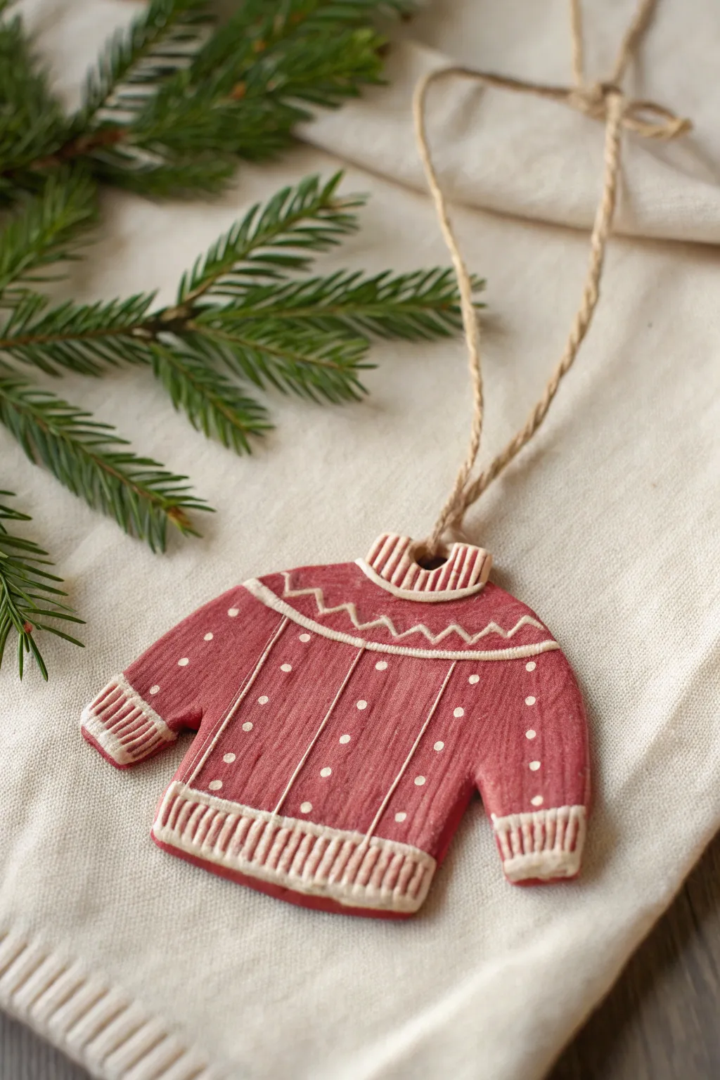 Cozy sweater clay ornament with knit texture, a minimalist boho touch for your Christmas tree.