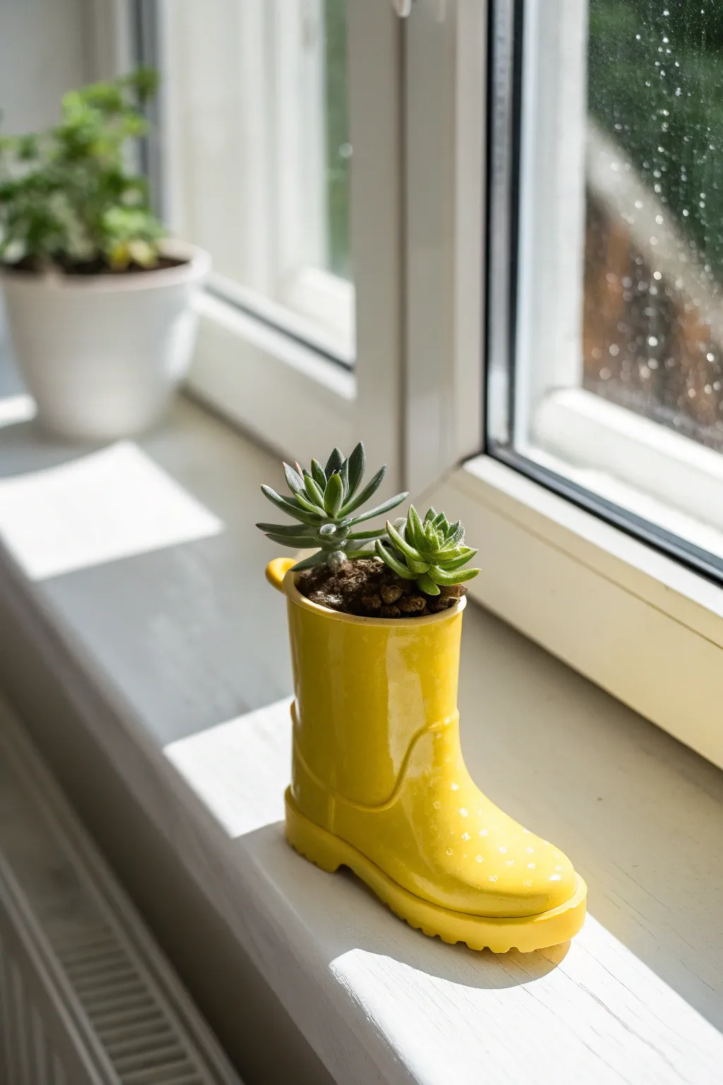 Cheerful yellow rain boot planter with a tiny succulent, brightening a minimalist windowsill.