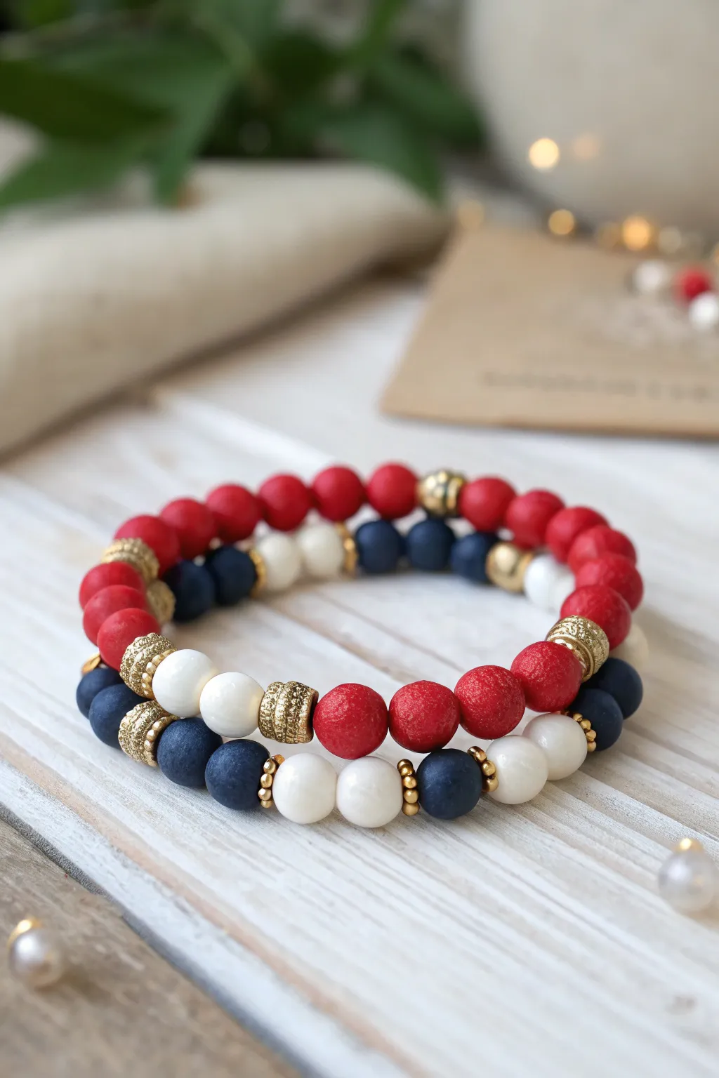 Double-strand red, white & blue clay bead bracelet with gold spacers for a chic July 4 look