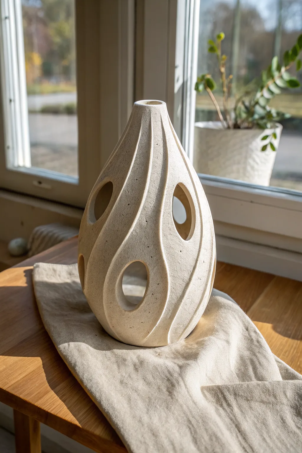 Biomorphic seed-pod ceramic sculpture with soft curves and calm Scandinavian-boho styling.