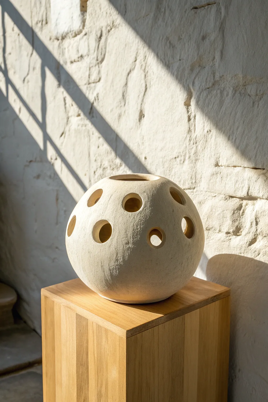 Pierced clay form casting bold shadows, minimalist Scandinavian warmth with a soft boho touch.